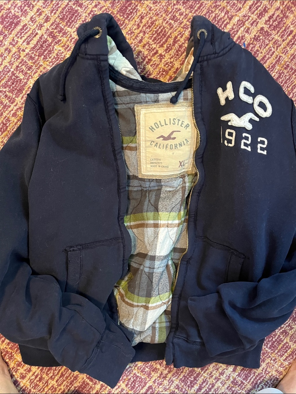 Hollister Flannel lined Y2K Zip up sweatshirt Navy Blue Sz XL